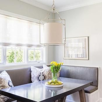 U Shaped Banquette, Built In Dining Bench, Marble Top Kitchen Island, Saarinen Dining Table, White Cane, Banquette Dining, Cane Chairs, Transitional Dining Room, Country Dining