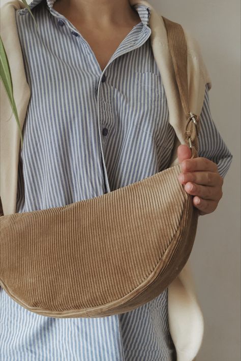 Upcycled canvas dumpling bag, Beige corduroy sling bag, Vegan crossbody bag, Small zipper bag, Trendy everyday bag, Minimalist work bag Corduroy Sling Bag, Dumpling Bag, Canvas Bags, Of Outfits, Zipper Bag, Trendy Accessories, Dumplings, Beige Color, Sling Bag