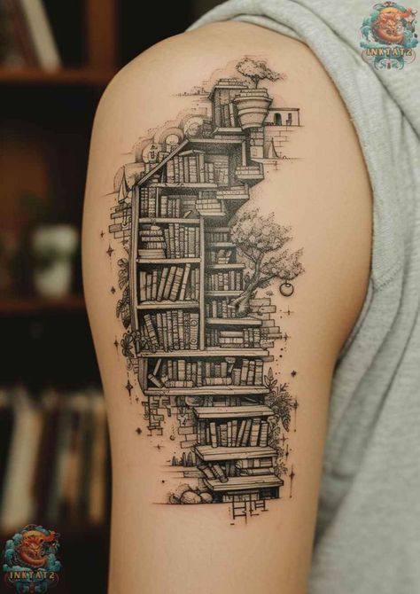 The Enduring Charm of Book-Themed Tattoos 85 Designs: A Tribute to Literary Love - inktat2.com Book Lover Tattoo Ideas, Book Themed Tattoos, Lover Tattoo Ideas, Literature Tattoos, Library Tattoo, Bookworm Tattoo, Reading Tattoo, Chair Blanket, Literary Tattoo