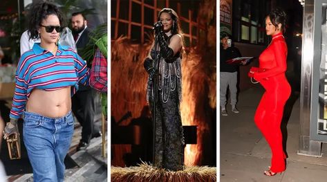 Back with Baby No. 2: Rihanna's Best Maternity Looks So Far Concert Maternity Outfit, Rihanna Pregnant Outfits, Rihanna Pregnant, Maternity Looks, Long Green Coat, Glitter Pants, Cropped Polo, Pregnancy Information, Streetwear Styles