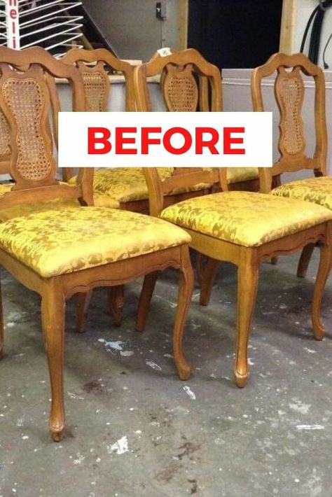 Diy Vintage Chair Makeover, Old Dinning Chairs Makeover, Vintage Dining Chairs Makeover, Painting Dining Room Chairs, Chair Painting Ideas, Dining Chairs Makeover, Dining Room Makeover Ideas, Wooden Chair Makeover, Vintage Chairs Makeover