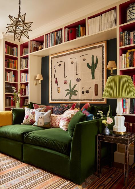 Green Couch Library, Green Sofa Yellow Chair, Green Room Yellow Sofa, Meadow Green Sofa, Green Patchwork Sofa, Yellow Sofa, Living Styles, Stack Of Books, Sitting Room