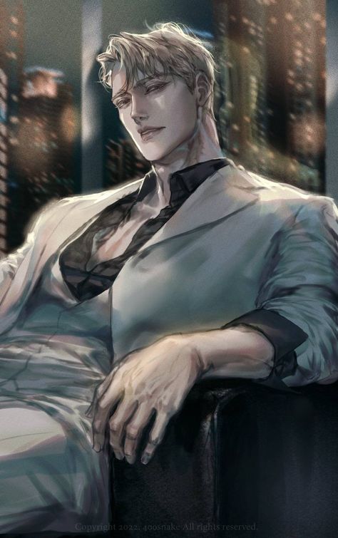 Anime Guy Sitting On Chair, Blond Man Art, Anime Guy Sitting, Blonde Man Art, Blonde Guy Art, Manhwa Male, Guy Sitting, Anime Guy, Dark Anime Guys