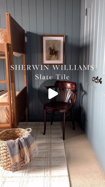 Ashlyn | Home Decor + Interior Design on Instagram: "Slate Tile by Sherwin Williams is the perfect grey-blue color if you want to make your space moody but still feel neutral. I absolutely fell in love with this color when we started painting the boys room. I just love how versatile it is. It looks grey in some lighting and blue in others. It’s so good! Be sure to save this for your next project! 

Comment “SHOP” and I’ll send you the links to everything in this room! 

You can also shop by clicking the link in my bio!" Blue Grey Paint Color For Bedroom Sherwin Williams, Sw Slate Tile Bedroom, Blue Grey Mudroom, Slate Tile Sherwin Williams Bedroom, Sw Slate Tile Paint, Breakwater Sherwin Williams, Slate Blue Paint Colors Sherwin Williams, Dusty Blue Boys Room, Paint Color For Boys Room