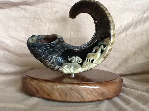 Ram Horn   Carved By: Cheryl Collins Mexican Mafia, Horn Carving, Antler Carving, Antler Crafts, Moose Antlers, Antler Art, Taxidermy Art, Ram Horns, Ceramic Inspiration