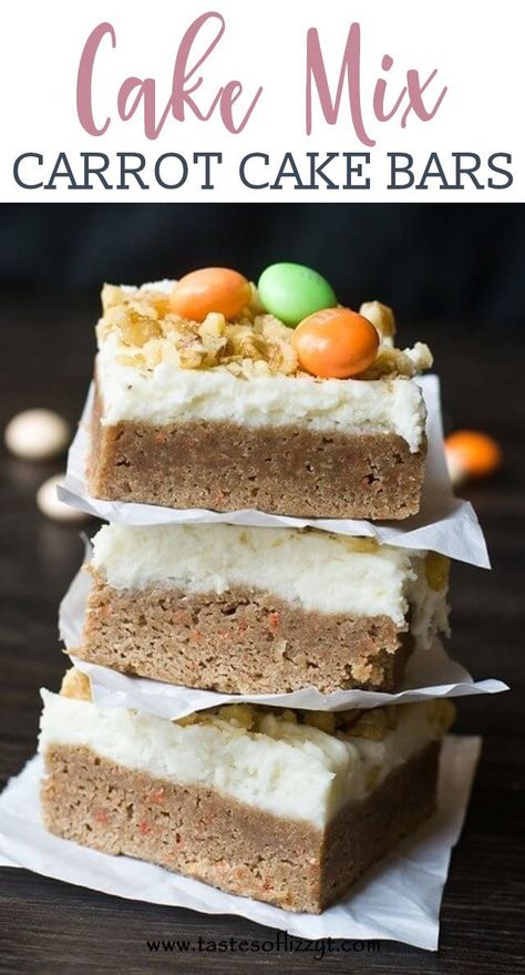 These 4 ingredient Carrot Cake Bars are made from a cake mix! They're good enough without frosting, but for a special treat top them with cream cheese frosting. Carrot Cake Cookie Bars, Carrot Cake Bars Recipe, Carrot Cake Dessert, Cake Mix Bars, Cake Mix Cookie Bars, Carrot Cake Bars, Cake Mix Desserts, Easy Carrot Cake, Best Carrot Cake