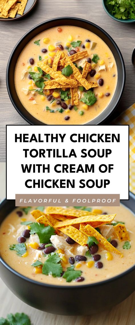 Image for Healthy Chicken Tortilla Soup with Cream of Chicken Soup Soup With Cream Of Chicken, Creamy Tortilla Soup, Easy Chicken Tortilla Soup, Texas Chicken, Healthy Chicken Tortilla Soup, Chicken Tortilla Soup Crock Pot, Creamy Chicken Tortilla Soup, Chicken Tortilla Soup Easy, Chill Night