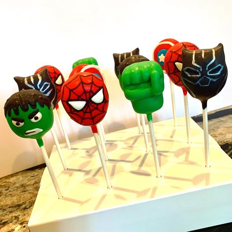 Spidey And Friends Cake Pops, Avengers Cake Pops, Spidey Cake Pops, Marvel Cake Pops, Superhero Cake Pops, Thor Cake, Magnum Cake, Superhero Cakes, Dipped Treats