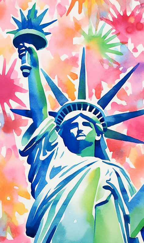 This image is a pastel watercolor representation of the Statue of Liberty, offering a gentle rendition of the famous landmark. Statue Of Liberty Bulletin Board, Cartoon Statue Of Liberty, Statue Of Liberty Watercolor, Statue Of Liberty Craft, 4th Aesthetic, Statue Of Liberty Illustration, Statue Of Liberty Painting, Warrior Silhouette, July Illustration