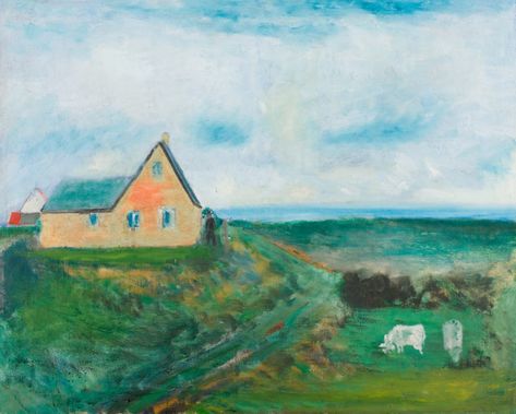 Jens Søndergaard, Danish  artist, Øster Assels, Mors 1895 –  Skovshoved 1957, Expressionism. "Hus ved havet/ House By The Sea"(1943) Sea Drawing, Favorite Paintings, House By The Sea, First Art, By The Sea, Lovers Art, Oil On Canvas, The Sea, Different Colors