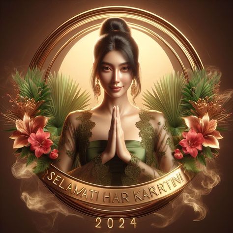 3200. PROMPT:

a warm, golden ring background with brown circle sets the scene f... Green Kebaya, Ring Background, Namaste Hands, Gold Calligraphy, Smiling Man, Close Up Portraits, Golden Ring, Flower Bud, Body Image