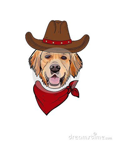 Vector cartoon portrait drawing of a smiling yellow dog breed Golden Retriever in a cowboy hat and bandana around his neck.Hipster dog in hat and red neckerchief. Dog With Bandana Drawing, Dog Cowboy Hat Tattoo, Dog With Cowboy Hat Tattoo, Cowboy Dog Tattoo, Bandana Drawing Reference, Bandana Illustration, Dog Cowboy Hat, Red Neckerchief, Cowboy Hat Drawing