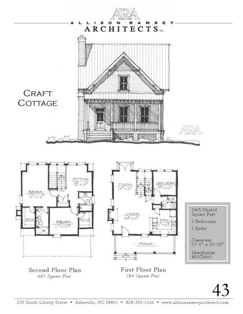 This plan is 1,475 Heated Square Feet, 3 Bedrooms and 3 Bathrooms. The dimensions are 33'-6" x 36'-10". NC0043 Old Farmhouse Floor Plans, Outdoors Tattoos, Quotes Outdoors, Architects House, Craft Cottage, Allison Ramsey, Education Art, Architectural Designer, Small Cottage Homes