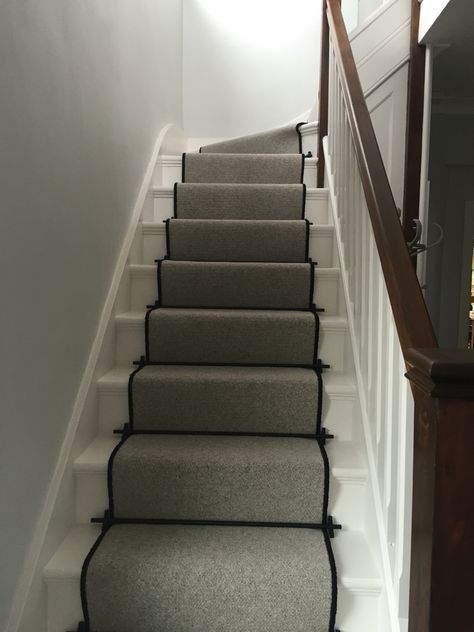 Lakeland herdwick carpet 3 ply wool (Windermere) stair runner with black binding. Premier stair rods with Lancaster finials in black. Walls are Blackened by Farrow and Ball Hallway Carpet Ideas, Stair Runner Rods, Grey Carpet Runner, Stairway Carpet, Black Stairs, Kitchen Carpet Runner, Hall Carpet, Stair Rods, Newcastle Nsw