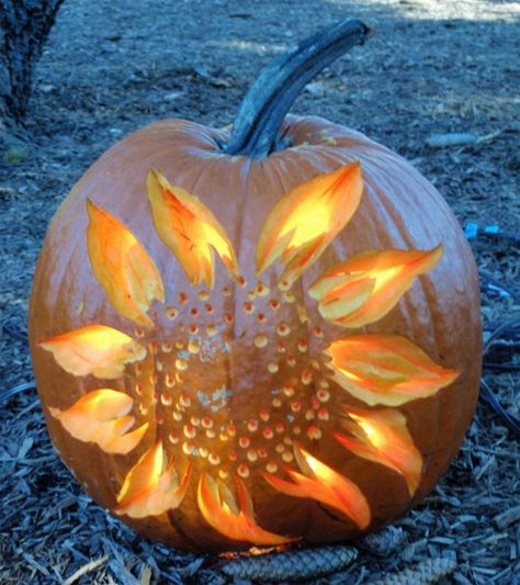 Sunflower Pumpkin...these are the BEST Decorated & Carved Pumpkin Ideas for Halloween! Cool Pumpkin Designs, Unique Pumpkin Carving Ideas, Pumkin Decoration, Cute Pumpkin Carving, Creative Pumpkin Decorating, Pumkin Carving, Pumpkin Carving Party, Creative Pumpkin Carving, Pumpkin Carving Designs