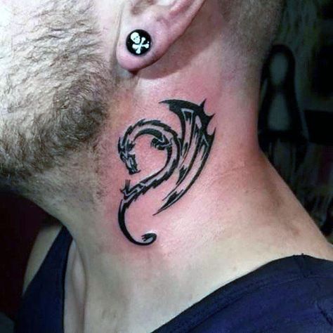 Mens Dragon Tattoos Tribal On Neck Dragon Tattoo Neck, Simple Neck Tattoos, Geisha Tattoos, Dragon Tattoo Arm, Best Neck Tattoos, Tattoo Son, Small Neck Tattoos, Dragons Tattoo, Molecule Tattoo