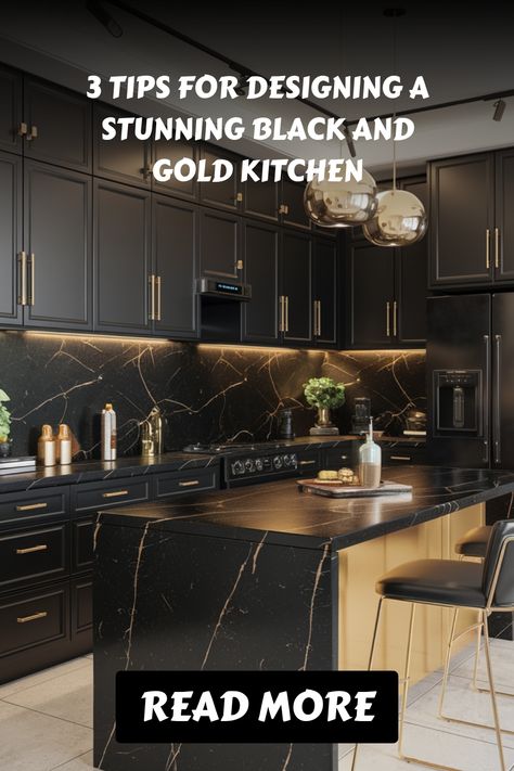 Black and gold kitchen design with modern cabinetry and lighting. Matte Black Cabinets, Kitchen With Black Granite, Gold Sink, Black And Gold Kitchen, Black Stainless Steel Appliances, Gold Bar Stools, Gold Light Fixture, Sage Green Kitchen, Gold Framed Mirror