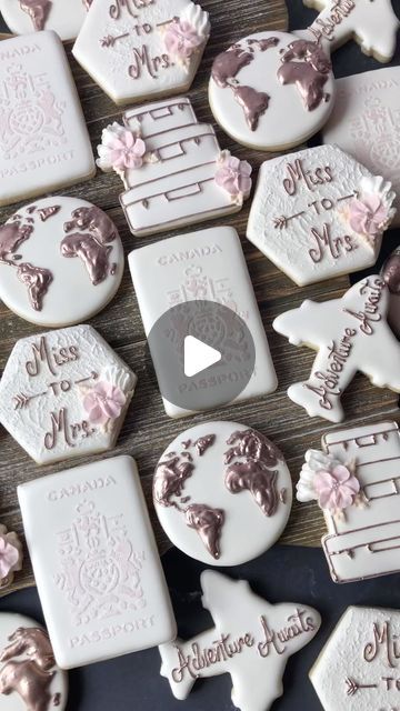 Baking My Sweet Time on Instagram: "Here’s a closer look at a cookie set I designed for a recent travel themed bridal shower. I suddenly have the urge to book a trip somewhere. Hmmm…where should I go? 🧳 🌎 ✈️  . . . . . . . . #sugarcookies #cookies #royalicing #destinationlove #decoratedsugarcookies #decoratedcookies #bridalshower #bridetobe #weddingcookies #engagementcookies #vaughan #vaughanbaker #vaughanmoms #woodbridge #yorkregion #kleinburg #gta #rosegold #cookiesofinstagram #cookiesofinsta #instacookies #cookiefavors #givecookies #northofthe6ix #bridalcookies #adventureawaits #misstomrs #travelthemebridalshower" Miss Canada, Travel Theme Bridal Shower, Engagement Cookies, Bridal Cookies, Themed Bridal Shower, Sweet Time, Cookie Favors, Wedding Cookies, Wood Bridge