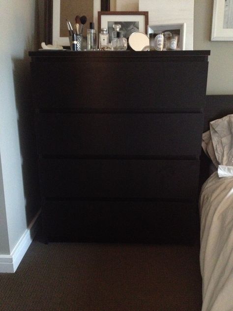 Ikea Malm 4-drawer Chest/Dresser in black-brown. Some minor scrapes and scratches. One drawer front edge is dented (but re-painted black so it isn't noticeable). $50 Ikea Black Dresser, Man Bedroom, Black Chest Of Drawers, Chest Ideas, Ikea Drawers, Malm Dresser, Ikea Dresser, Tiny Room, Black Dressers