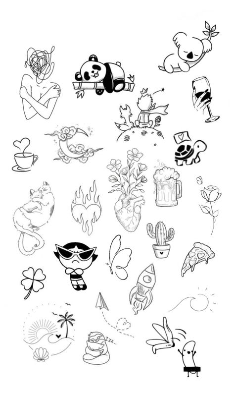 Cute Small Drawings Doodles Tattoo Ideas, Friendship Tattoos For 4 Best Friends, Animal Flash Tattoo, 90s Cartoon Tattoos Ideas, Flash Tattoo For Men, Easy Flash Tattoo, Kawaii Flash Tattoo, 90s Flash Tattoo, Mini Flash Tattoo