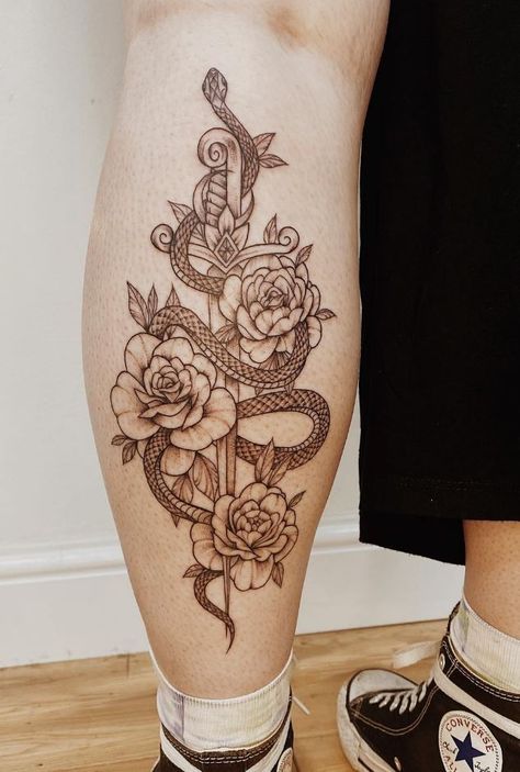 Awesome Calf Tattoo Flower Calf Tattoo, Shin Tattoo Ideas, Snake Flower, Brighton Tattoo, Shin Tattoo, Dagger Tattoo, Calf Tattoo, Sleeves Ideas, Dot Work Tattoo