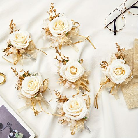 Faster shipping. Better service Gold Wedding Flowers, Corsage And Boutonniere Set, Groom Photoshoot, Pearl Bride, Wrist Flowers, Best Man Wedding, Groomsmen Boutonniere, Corsage And Boutonniere, Corsage Prom