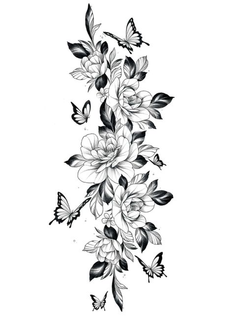 Thigh Tattoos Women Drawing, Thigh Tattoos Women Grunge, Spine Tattoos For Women Flowers, Butterfly And Flower Tattoo Designs, Flower Arm Sleeve Tattoo, Floral Leg Sleeve Tattoo, Floral Butterfly Tattoo Design, Floral Leg Tattoo, Flower Tattoos Sleeve