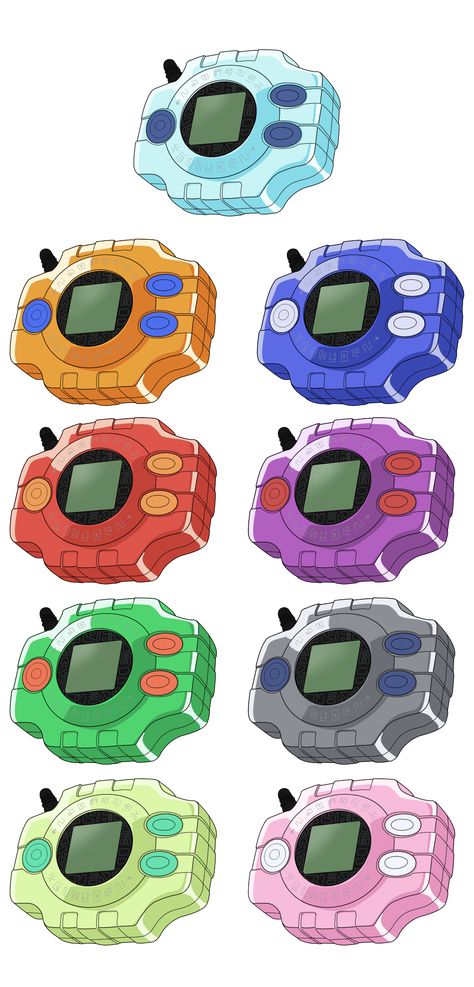 Digimon Adventure Digivices HQ + Base by NelaNequin Digimon Tattoo Ideas, Digimon Digivice, Digimon Crests, Digimon Tattoo, Pokemon Vs Digimon, Digimon Frontier, Digimon Digital Monsters, Digimon Adventure Tri, Cute Pokemon Wallpaper