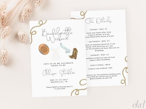 This listing includes a printable, editable double-sided invitation template that you can instantly download. It also features 5 hand-drawn watercolor graphics for a western or country destination such as Nashville or Austin. All featured graphics are illustrated using Procreate. Templates are designed using a combination of Adobe Creative Suite products and Templett. WHAT EVENT IS THIS DESIGN BEST SUITED FOR? All country/western themed or destination events, including but not limited to bachelorette weekends WHAT CAN BE CUSTOMIZED IN THIS TEMPLATE? 1.  Text copy, font, size, color, and placement 2. Graphic(s) size and placement 3. Background color WHAT WILL I RECEIVE WITH MY PURCHASE? 1. 1 double-sided 5 x 7 classic portrait invite/itinerary with corresponding assets 2. 1 double-sided 4.2 Last Rodeo Party, Procreate Templates, Bridal Party Invitations, Bachelorette Invite, Last Rodeo, Rodeo Party, Celebrity Bride, Classic Portraits