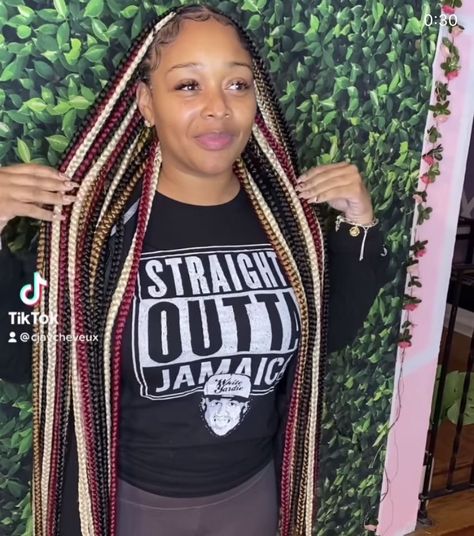 Box Braids With Curls Blonde, Brown And Red Braids Black Women, Black Red Blonde Braids, Multi Colored Knotless Box Braids, 3 Color Knotless Braids, Red Black And Blonde Braids, Burgundy And Blonde Knotless Braids, Long Knotless Box Braids With Color, Blonde And Burgundy Box Braids