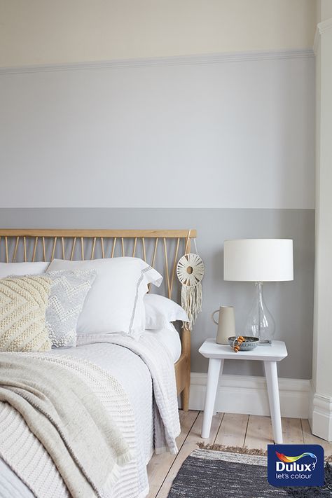 Create a cosy grey bedroom colour scheme using a combination of light and dark greys. Click here to see our range of grey paints. Dulux Polished Pebble Bedroom, Chic Shadow Bedroom, Chic Shadow Dulux Paint, Dulux Grey Paint Shades, Cosy Grey Bedroom, Neutral Bedrooms With Pop Of Color, Dulux Chic Shadow, Bedroom Color Schemes Grey, Dulux Polished Pebble