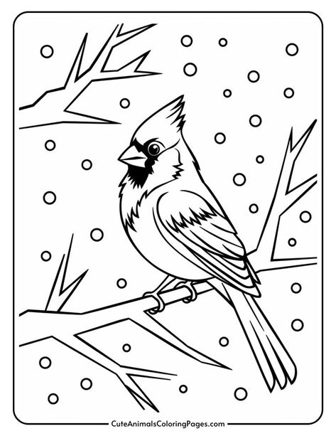 Black and white coloring page of a cardinal perched on a branch during snowfall, featuring detailed outlines of the bird and surrounding snowflakes. Ideal for winter-themed art activities. Cardinal Coloring Pages Free Printable, Cardinal Wood Burning, How To Draw A Cardinal Step By Step, How To Draw A Cardinal, Cardinal Drawing Sketches, Cardinal Drawing Simple, Cardinal Doodle, Bird Embroidery Pattern Free Printable, Red Cardinal Drawing