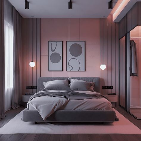 Stylish Pink and Gray Modern Bedroom [Room Inspiration] Gray Modern Bedroom, Gray And Pink Bedroom, Modern Color Schemes, Wallpaper Walls Decor, Minimalist Lighting, Living Room Windows, Pink Bedroom, Bedroom Layouts, Pink And Gray