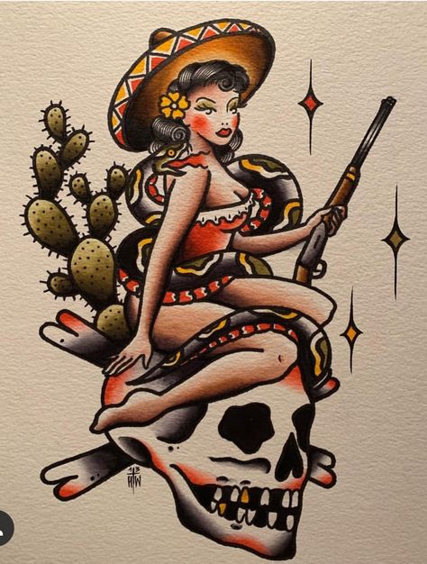 Tattoos Adventure, Traditional Tattoo Pin Up, Traditional Back Tattoo, Howling Wolf Tattoo, Strength Quote, Traditional Tattoo Flash Art, Cowgirl Tattoos, Mexican Tattoo, Traditional Tattoo Old School