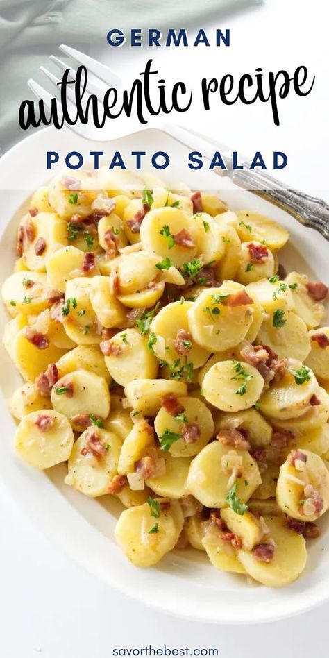 Try this authentic recipe for German potato salad! With bacon, tender potatoes, and a tangy dressing, it's the perfect side dish for any meal. Plus, it's mayo-free, so you can bring it to picnics and potlucks without worrying about it turning into a science experiment. Hot, cold, or room temp—this easy dish has got you covered. Easy German Potato Salad Recipe, Festive Potato Salad, German Style Potato Salad, Warm German Potato Salad With Bacon, German Potatoes Salad, Hot German Potato Salad Recipe Authentic, Cold Potato Recipes, German Potato Salad Recipe Authentic, Sides With Ham