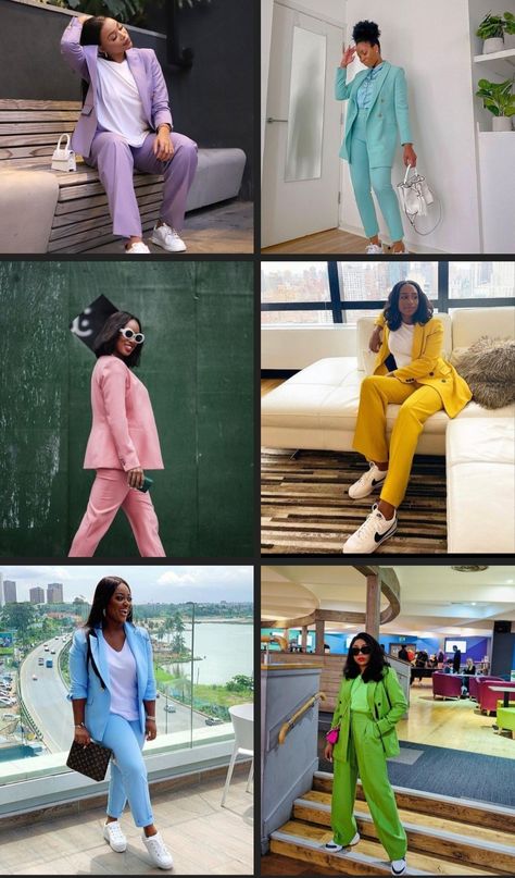 Six photo collage featuring melanated women wearing brightly colored and pastel colored pants suits paired with sneakers and trainers Casual Friday Work Outfits With Sneakers, Business Casual Outfits For Women Bright Colors, Business Attire With Sneakers, Bright Business Casual, Suits And Sneakers Women, Suit With Sneakers Women, Casual Friday Work Outfits, Fashion Profile, Khaki Suit