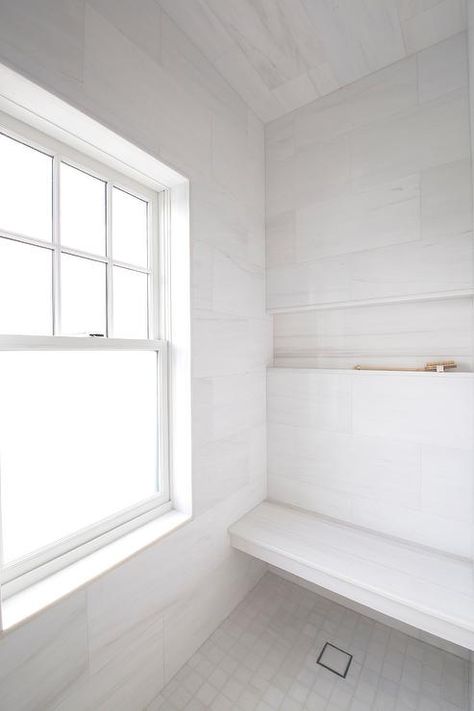 Bianco Dolomite Shower Tiles - Transitional - Bathroom Sophisticated Master Bath, Gorgeous White Kitchen, Subway Tiles Bathroom, Grey Floor Tiles, White Marble Floor, White Wall Tiles, Black Countertops, White Shaker Cabinets, White Kitchen Island