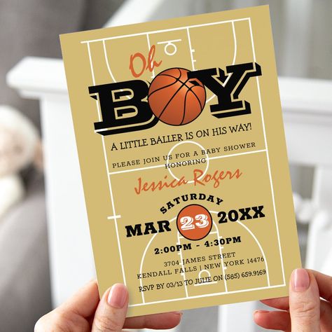 Cool Basketball 'Oh Boy' Baby Shower Invitation Basketball Baby Shower Ideas, Baby Showers For Boys, Basketball Baby Shower, Cool Basketball, Sports Baby Shower Theme, Baby Boy Invitations, Basketball Background, Sports Baby Shower, Basketball Baby