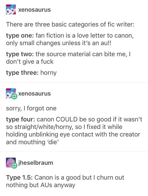 I definitely write as 1.5. I wanna write fanfic but I feel bad using a lot the original ideas, like I'm stealing. So I keep the characters right but usually change time setting or where it takes place or both Writing Humor, Writing Memes, Story Prompts, Funny Tumblr Posts, Story Writing, Text Posts, Tumblr Funny, Writing Inspiration, Funny Posts