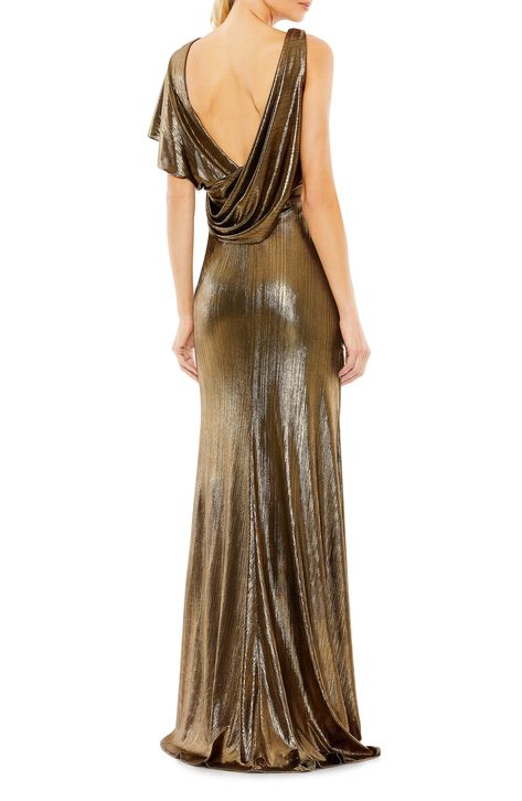 Gilded Grecian goddess is the design direction of an intoxicating gown done with rows of ruching and asymmetric details. 61" length (size 8) Surplice V-neck Single short sleeve Lined Asian Owned/Founded 100% polyester Spot clean Imported Single Butterfly, Vestidos Color Coral, Mnm Couture, Jasz Couture, Shimmery Dress, Draped Bodice, Grecian Goddess, Long Formal Dress, Sheath Gown