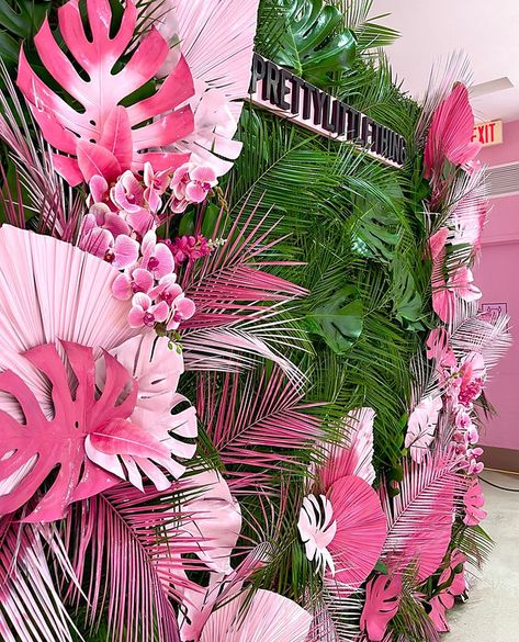 GALLERY | miamiflowerwalls Flamingo Backdrop, Tropical Boutique, Tropical Paradise Theme, Tropical Flower Tattoos, Tropical Backdrop, Palm Springs Party, Flower Wall Rental, Corner Lounge, Miami Nights