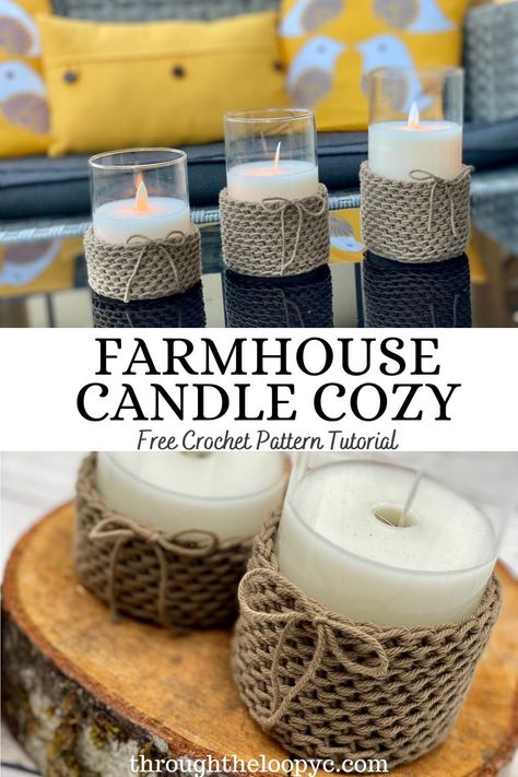 Crochet Candle Holder Pattern, Crochet Candle Cozy, Crochet Candle Holder, Candle Cozy, Crochet Candle, Farmhouse Candle, Farmhouse Candles, Cozy Pattern, Crochet Decor