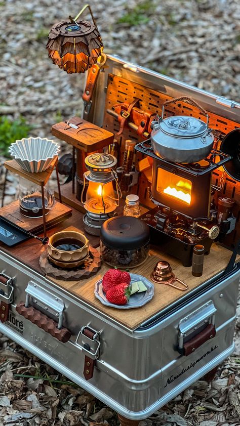 Boho Cabin, Evening Coffee, Beautiful Kitchenware, Cozy Camping, Motorcycle Camping Gear, Camping Box, Camping Set Up, Campervan Life, Camping Organization