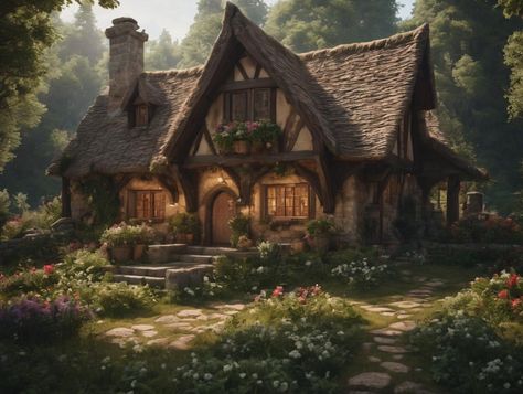 Medieval Cottage Aesthetic, Medieval House Aesthetic, 1700s Cottage, Fantasy Countryside Village, Fantasy Forest Village Aesthetic, Fantasy Farmhouse, Tropical Treehouse, Big Houses Exterior, Small Medieval House Concept Art