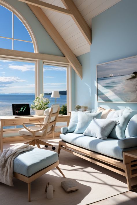 Ocean View Living Room, Ocean Office, Desk Couch, Beach House Office, Living Room With A View, Bahamas Beach, Manifest Board, Coastal Interior Design, Sun House