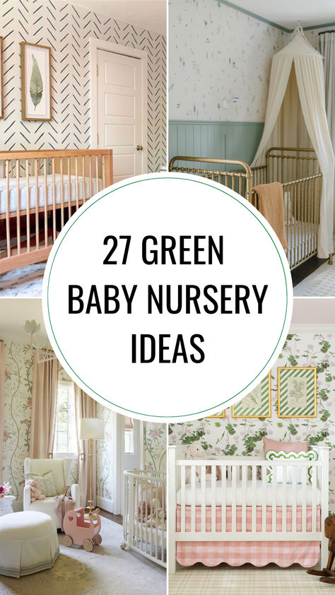 Collage of four beautiful green-themed baby nursery designs. The nurseries showcase various shades of green, with stylish accents like botanical wallpaper, natural wood cribs, and soft, cozy furnishings. Calming Nursery Ideas, Sage Girl Nursery, Teal Nursery Ideas, Light Green Nursery Girl, Green Baby Room Ideas, Green Crib Nursery, Green Nursery Theme, Sage Green And Blush Nursery, Baby Girl Nursery Green