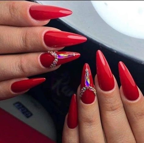 Red Nails Diamonds, Red Nails With Diamonds, Judy Nails, Red Nails Ideas, Black And Red Nails, Almond Nail Designs, Simple Gel Nails, Almond Nail, Diamond Nails