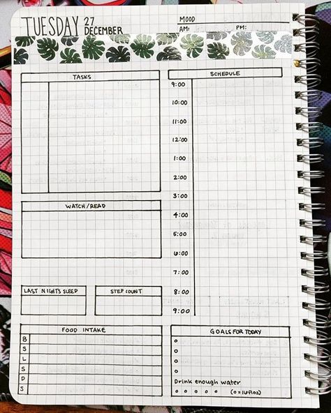 Daily bullet journal layout Bujo Todo List Layout, Daily Dot Journal Layout, Daily Planner Bujo Ideas, Bujo Lists Layout Ideas, Daily Habits Journal, Ideas For Daily Planners, Daily Task Journal, Grid Journal Layout, Bujo Daily Schedule