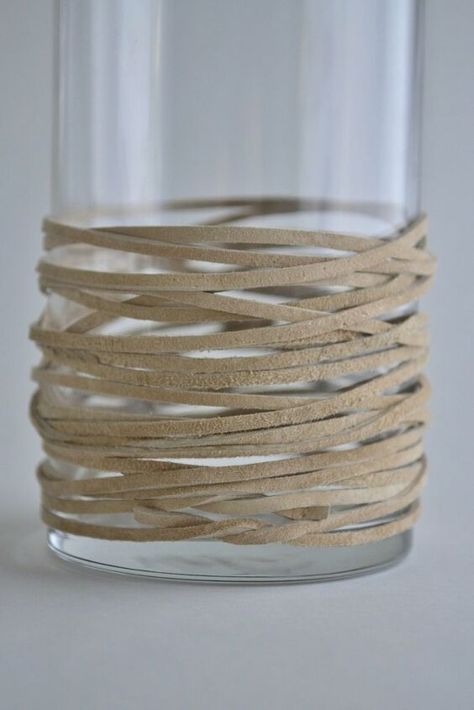 Leather Centerpiece, Rope Wrapped Vase, Leather Vase Holder, Leather Wrapped Glass Vase, Jute Rope Vase Diy, Diy Leather Stamp, Vase Wood Beads, Cork Planters, Cup Gift Set