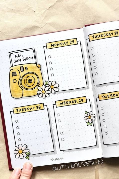 How cute is this yellow weekly spread?! I love the daisy doodles! Journal D'inspiration, Bullet Journal Page, Bullet Journal 2020, Bullet Journal 2019, Bullet Journal Banner, Bullet Journal Notes, Bullet Journal Paper, Bullet Journal Weekly Spread, Bullet Journal Mood